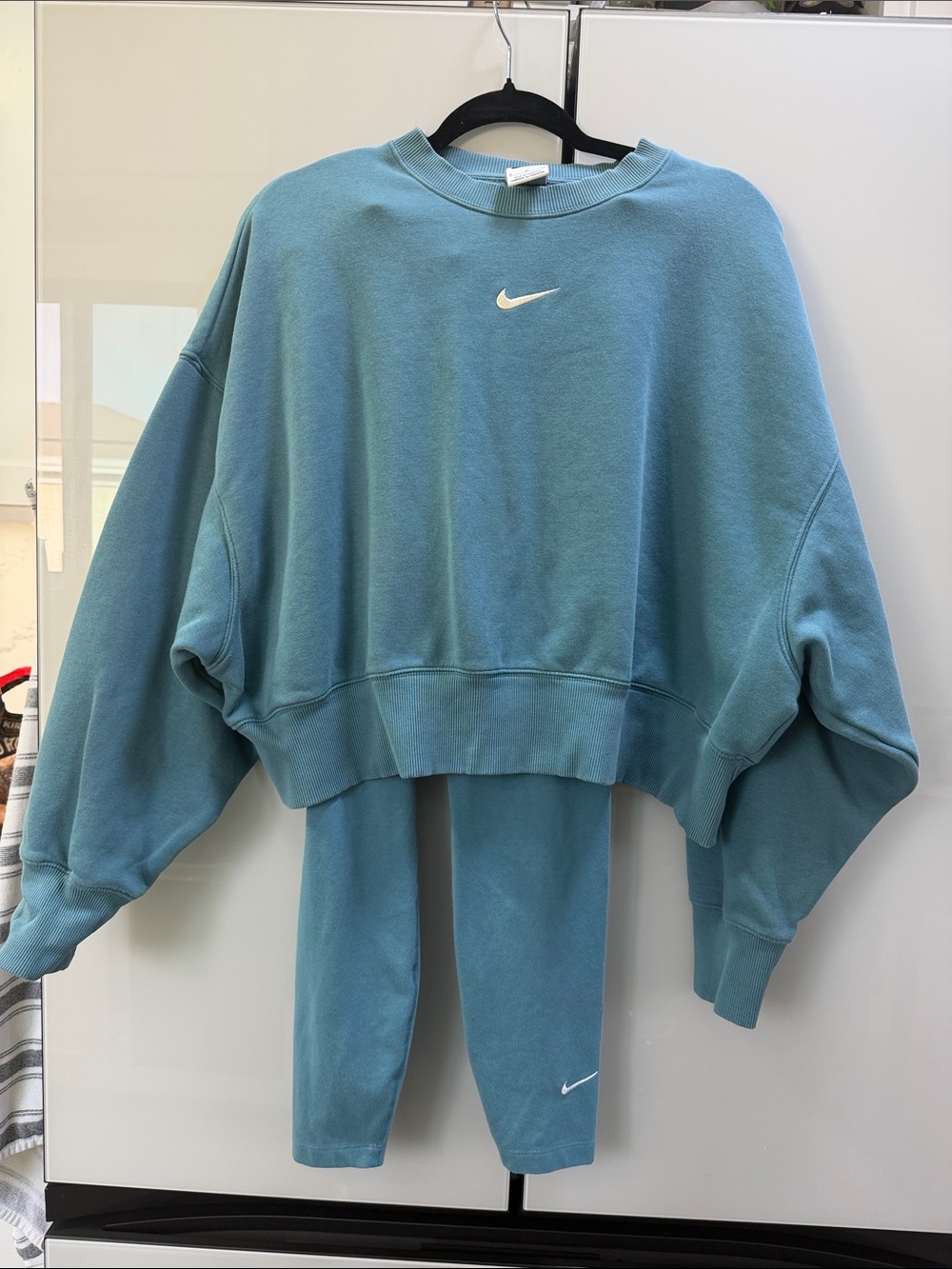 Nike Women's Teal Boxy Crewneck Sweatshirt with White Swoosh leggings set